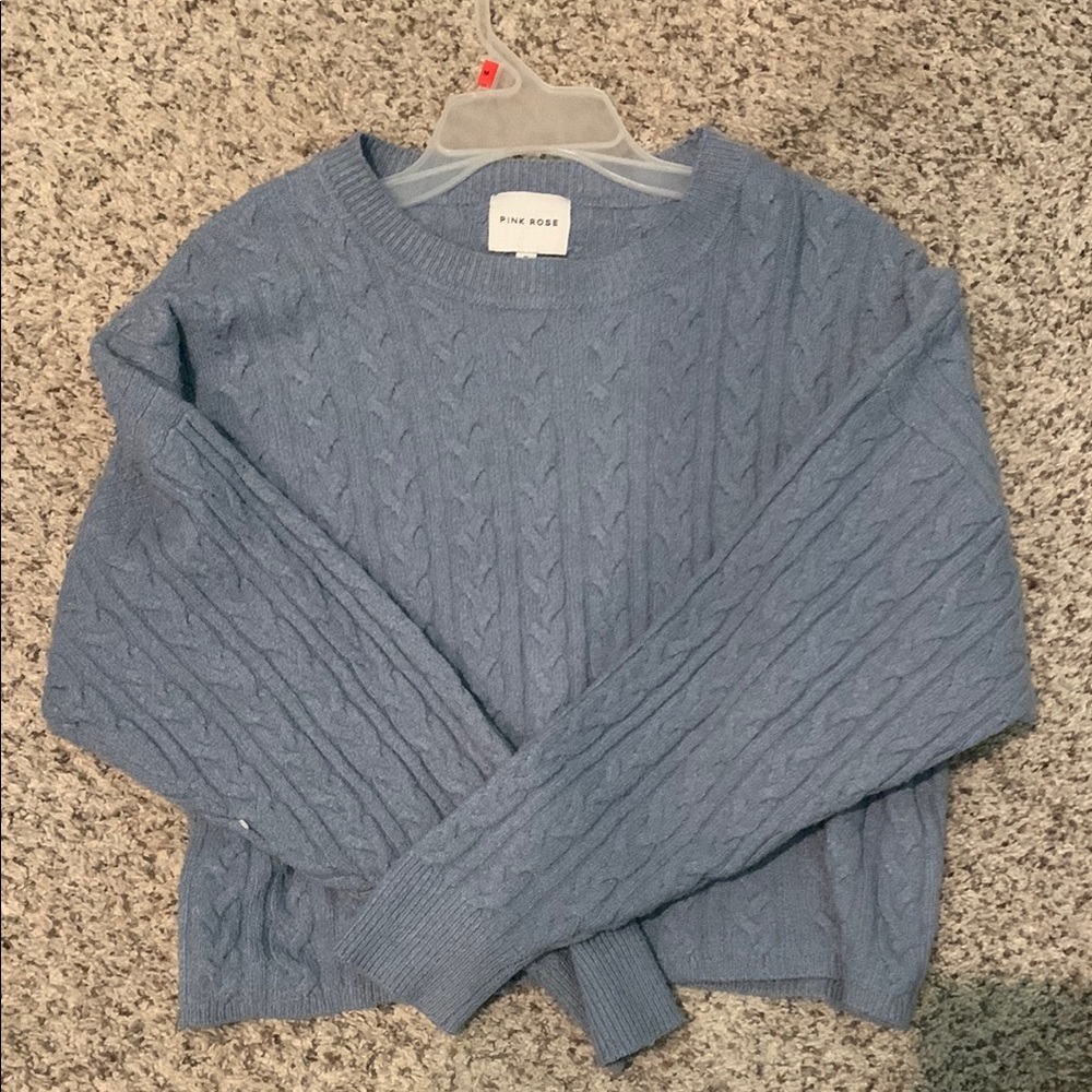 Pink Rose Blue Crew Neck Sweater with Cable Knit Design